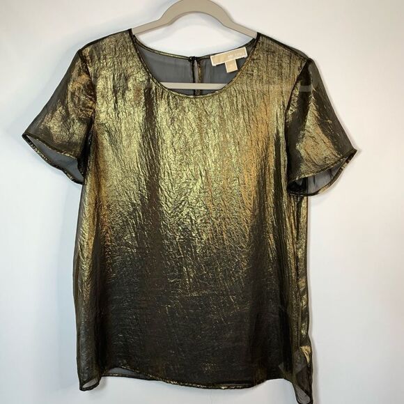 Michael Kors Sheer Gold Black Blouse Size Medium - Picture 1 of 9